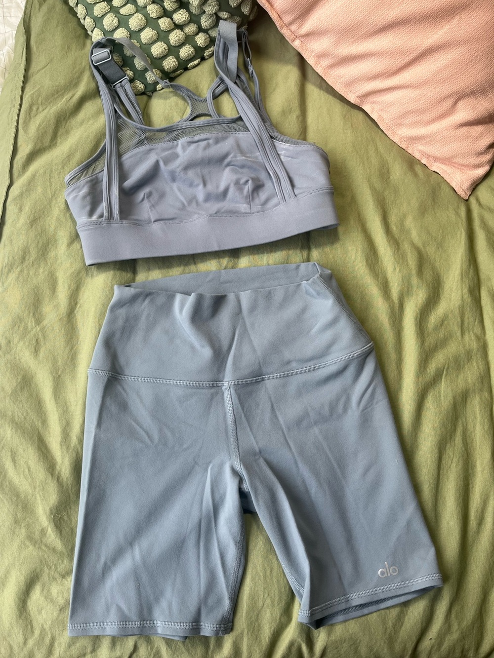 Alo Yoga Matching Set | Sports Bra + Biker Shorts | Dusty Blue